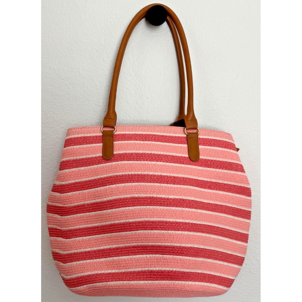 Amiani Pink Beach Bag Tote Zipper Closure Stripped Handbag Gold Shimmer - Picture 8 of 15